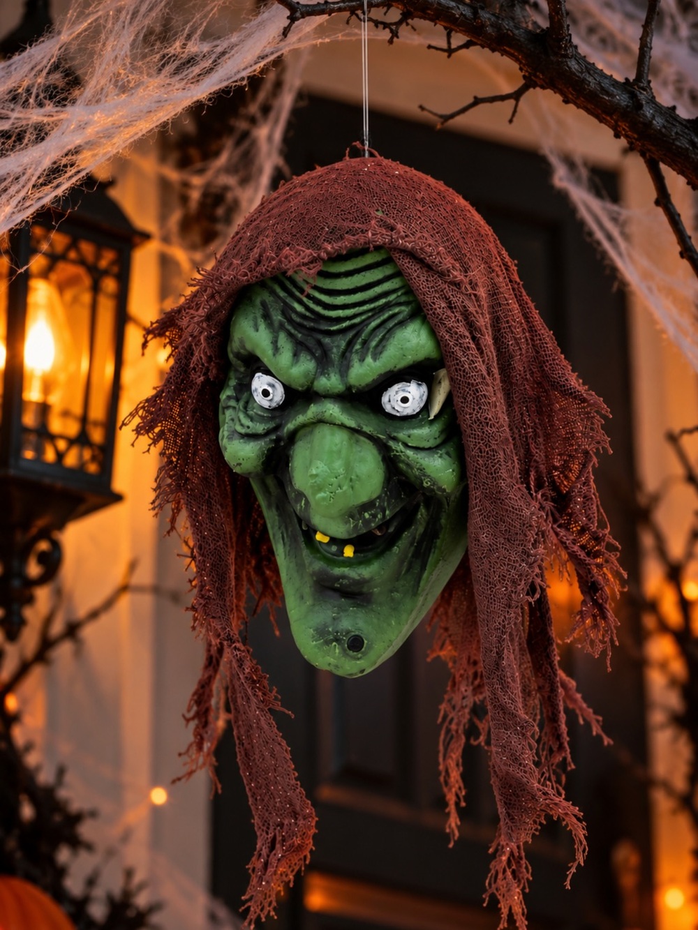 Green Hanging Witch Head Halloween Decoration with Brown Hood